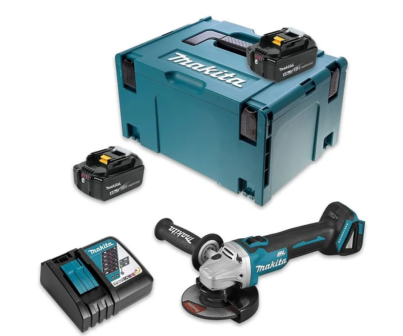 Meuleuse Makita 18 V avec ses deux batteries, son chargeur et son coffret
